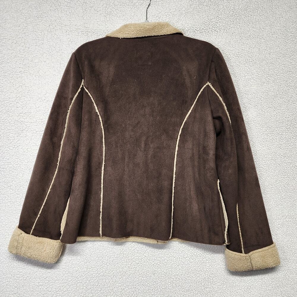 Vintage Old Navy Womens Faux Suede Jacket Size L Brown Sherpa Lined Buckle Y2K - Picture 2 of 14